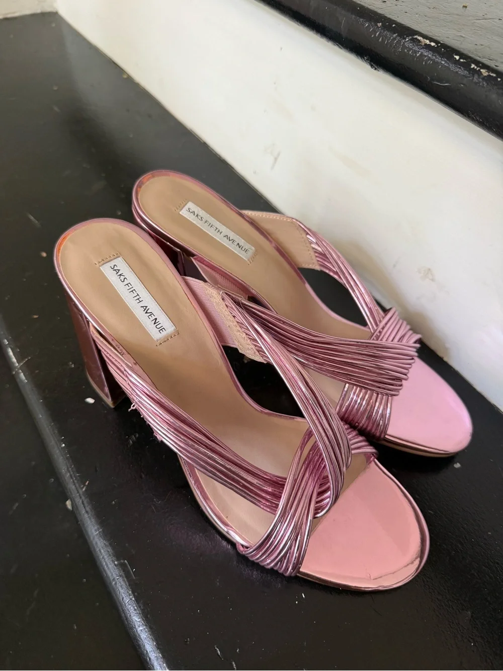 Saks Fifth Avenue Metallic Pink Strappy Block Heel Sandals